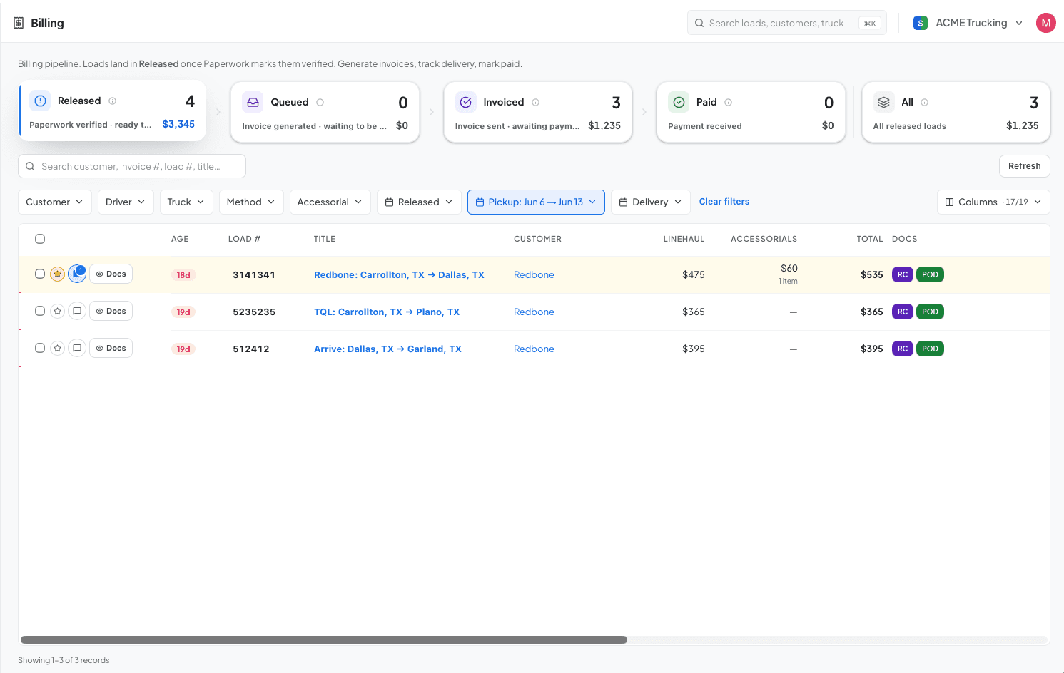 Billing board with released loads ready to invoice